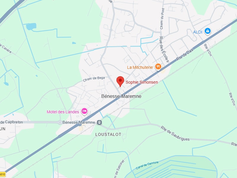 Plan de Bénesse-Maremne : Sophie Simonsen et commerces Plan de Bénesse-Maremne avec Sophie Simonsen, La Mitchuterie et commerces sur la Route de Dax.